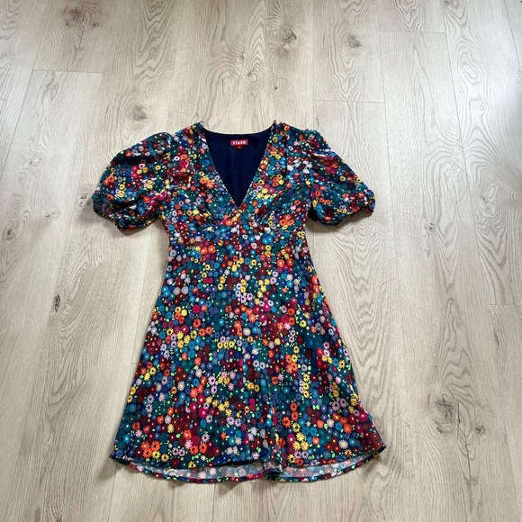 STAUD Rainbow Floral Flower Print Mini Dress V Neck Women's Sz 6 - Picture 2 of 5